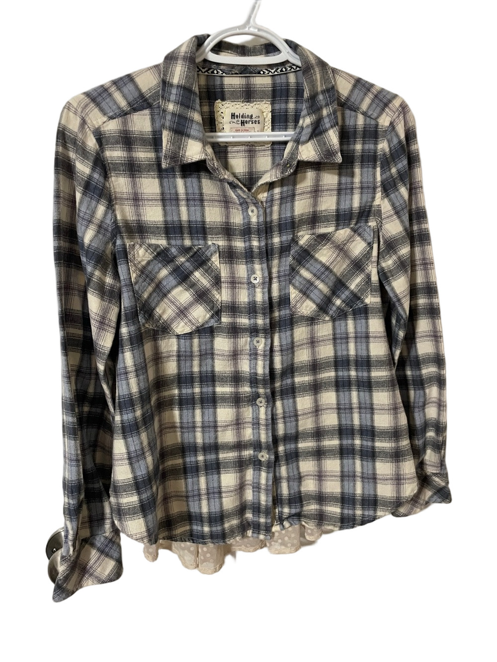 Anthropologie HOLDING HORSES Blue & Cream Plaid Shirt with Skirting Size Small